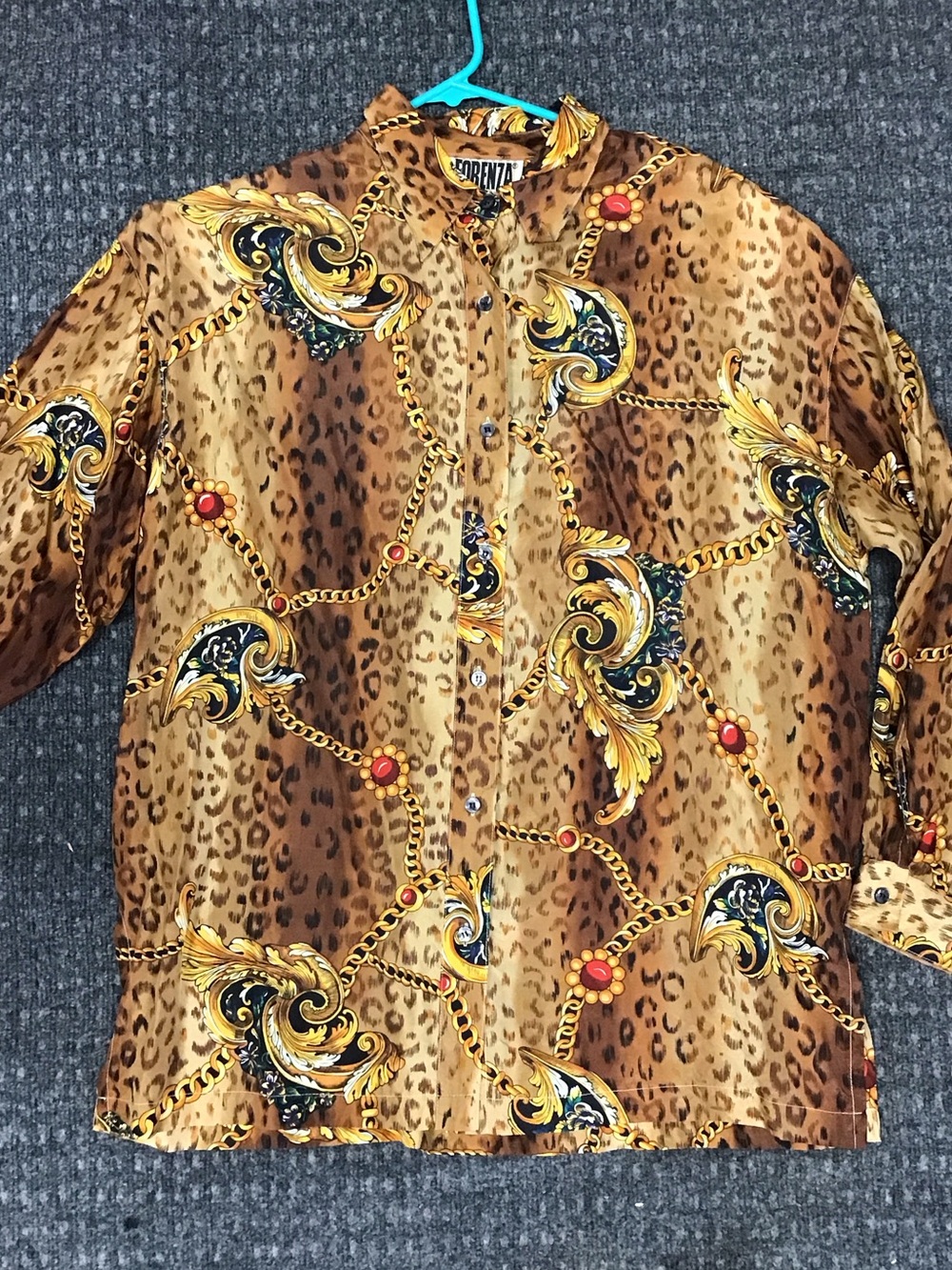 Firenze- Vintage, 100% Silk, Brown Leopard & Gold Chain Print Button-Up Shirt